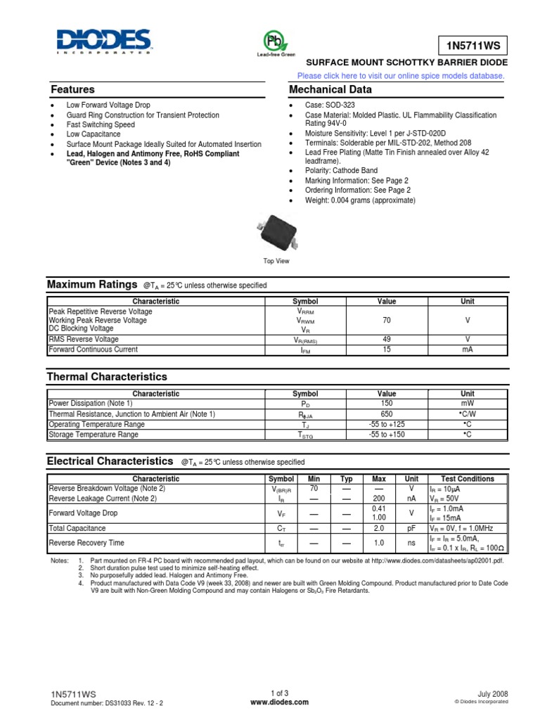 Surface Mount Schottky Barrier Diode: Lead, Halogen and Antimony Free ...
