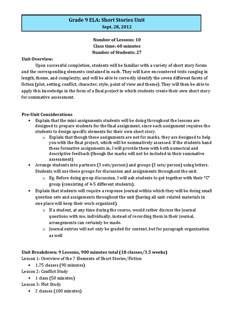 Grade 9 Short Stories Unit Overview | PDF | Differentiated Instruction ...