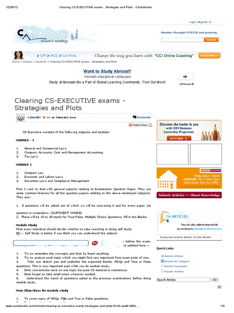 Clearing CS-EXECUTIVE Exams - Strategies and Plots - CAclubindia | PDF ...