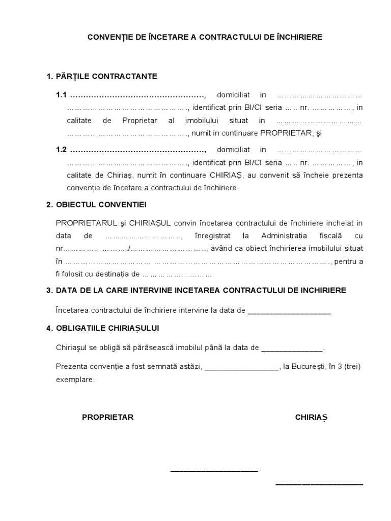 Conventie Pentru Incetarea Contractului de Inchiriere Model PDF