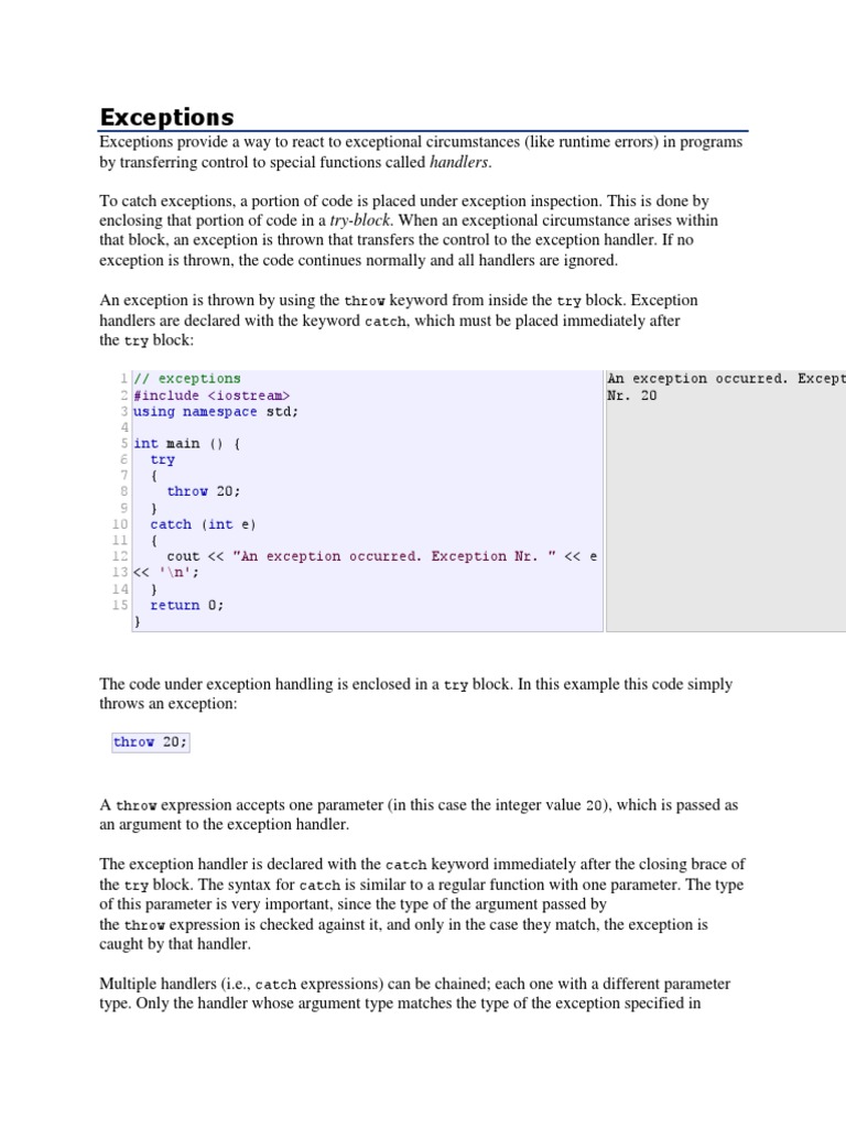 Exceptions Throw Try Catch Try An Exception Occurred. Exception Nr. 20