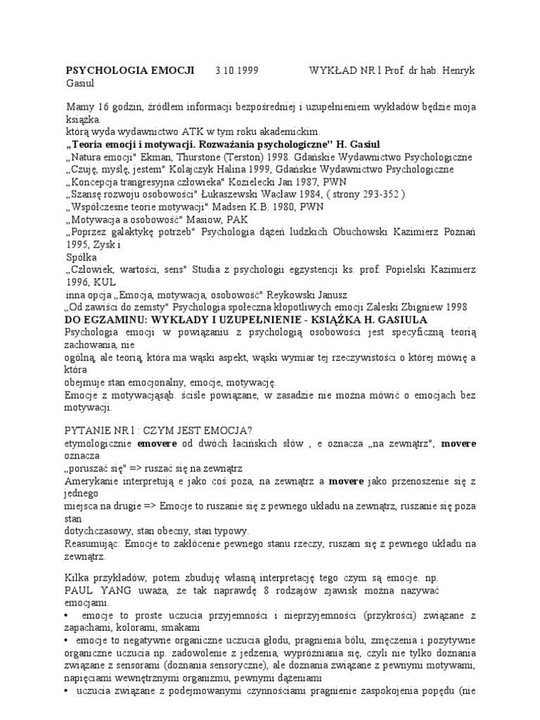 Henryk Gasiul Teorie Emocji I Motywacji Pdf