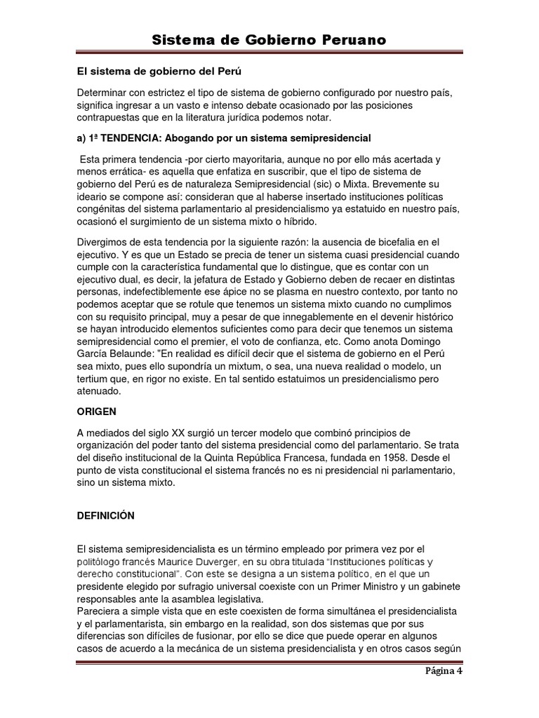 El Sistema de Gobierno Del Perú | PDF | Parlamento | Formas de gobierno