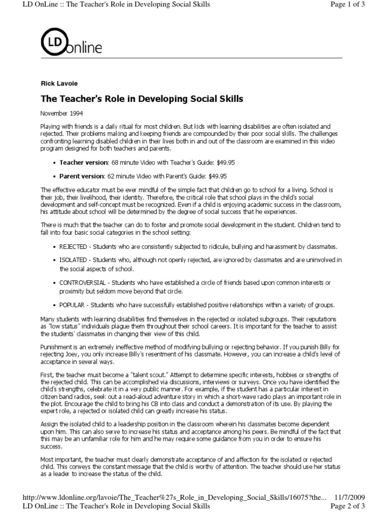 The Teacher's Role in Developing Social Skills | PDF | Social Skills ...