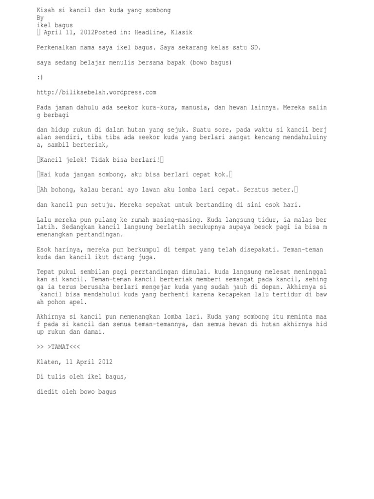 Kisah Si Kancil Dan Kuda Yang Sombong