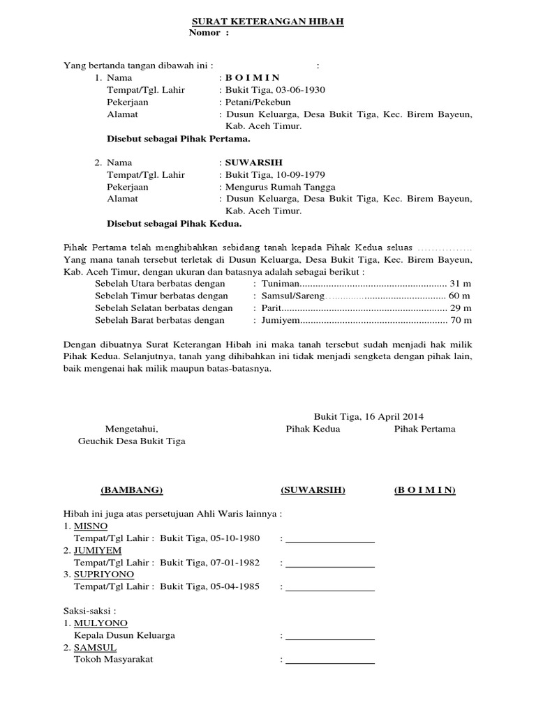 Surat Keterangan Hibah