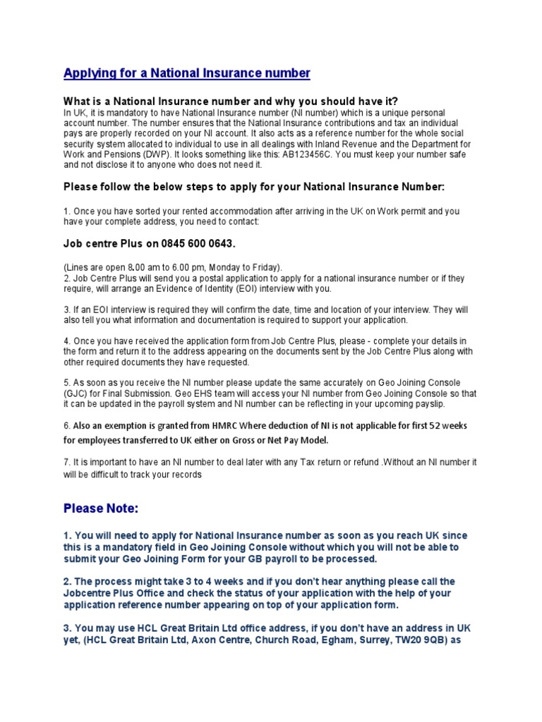 Applying For A National Insurance Numbe | PDF | Payroll | Public Finance