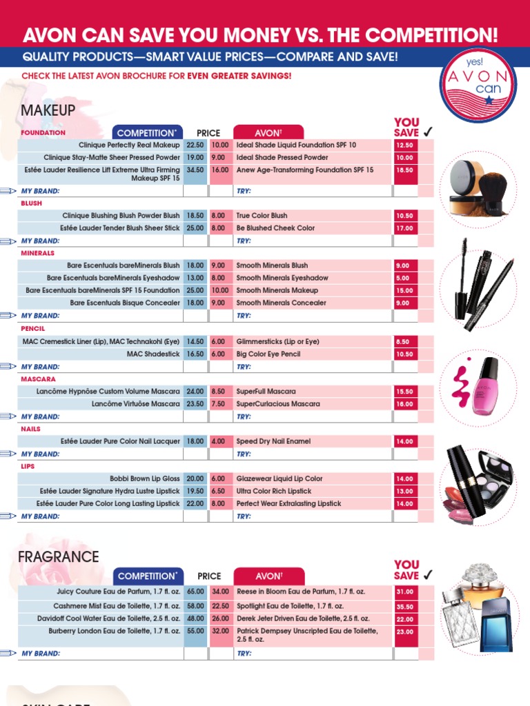 AVON ProductPrice Comparison Chart Cosmetics Toiletry