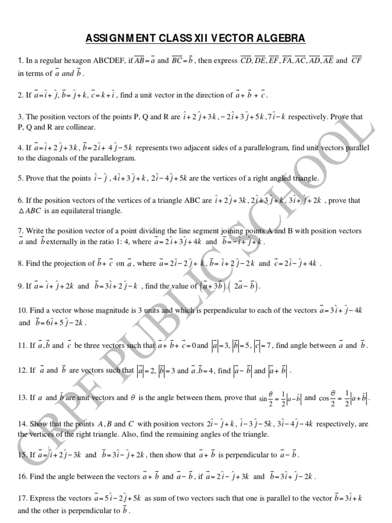 XII Vector Algebra Assignment | PDF | Triangle | Perpendicular