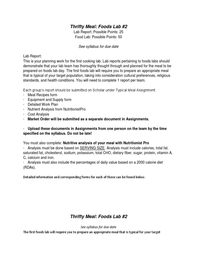 Thrifty Meal Lab Report Guidelines | PDF | Salad | Nutrition