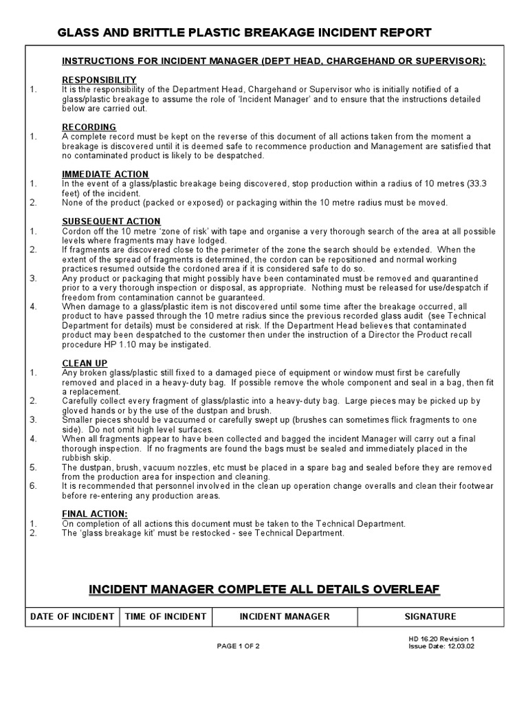 Glass and Brittle Plastics Breakage Incident Report Nature