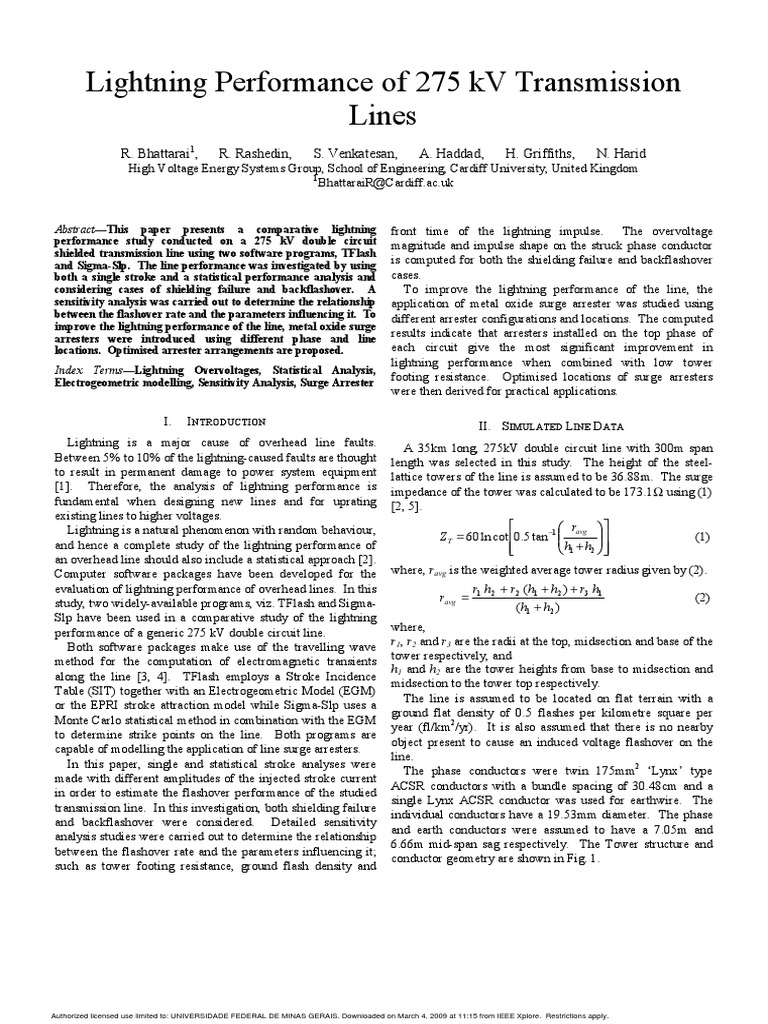 Lightning Performance of 275 kV Lines | PDF | Insulator (Electricity ...