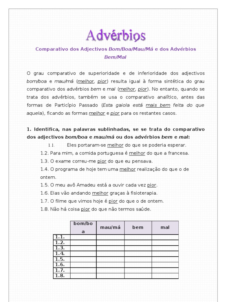 Comparativo de Bom e Mau em Advérbios | PDF