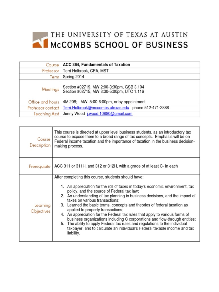 Accounting 364 Syllabus Holbrook PDF Academic Dishonesty Taxes