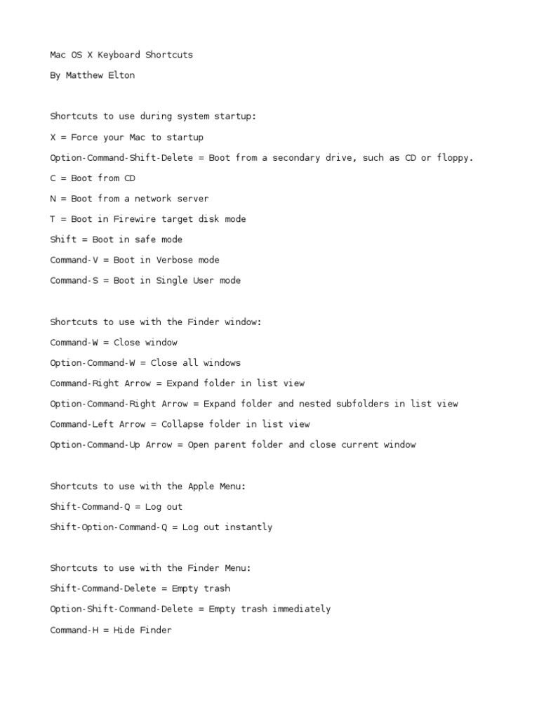 Mac OS X Keyboard Shortcuts Guide | PDF | Computers