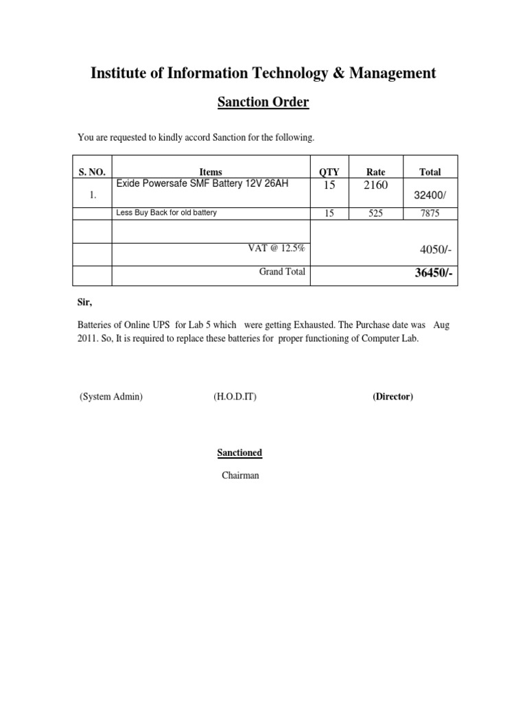Sanction Order for UPS Battery Purchase | PDF
