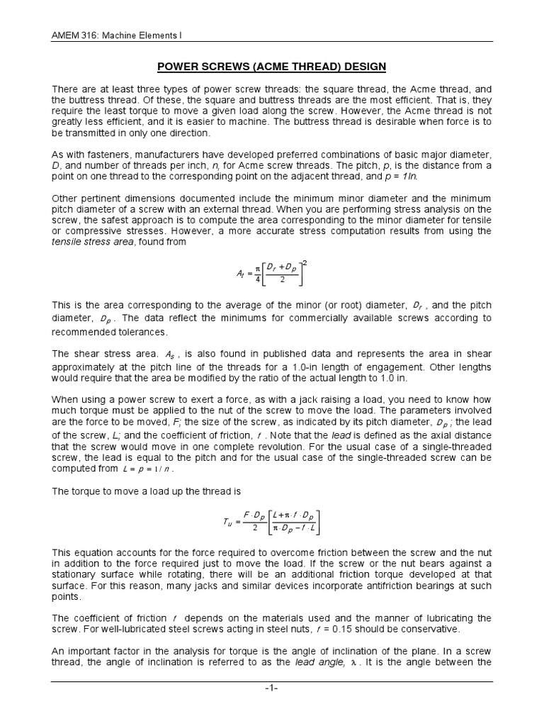 ACME Power Screw Torque Calculation PDF Strength Of Materials