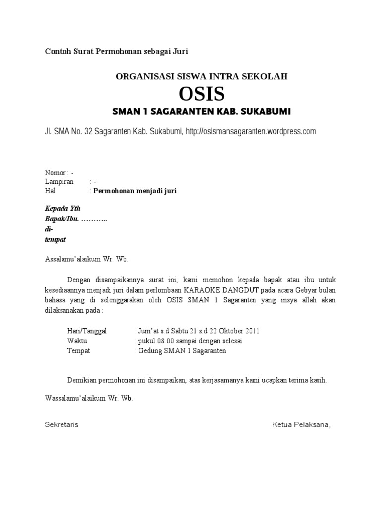 Contoh Surat Permohonan Sebagai Juri