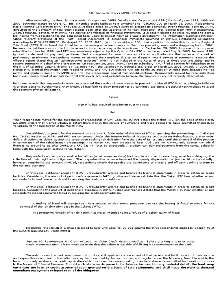 Banco de Oro Vs JAPRL, 551 Scra 342 PDF Credit (Finance) Service