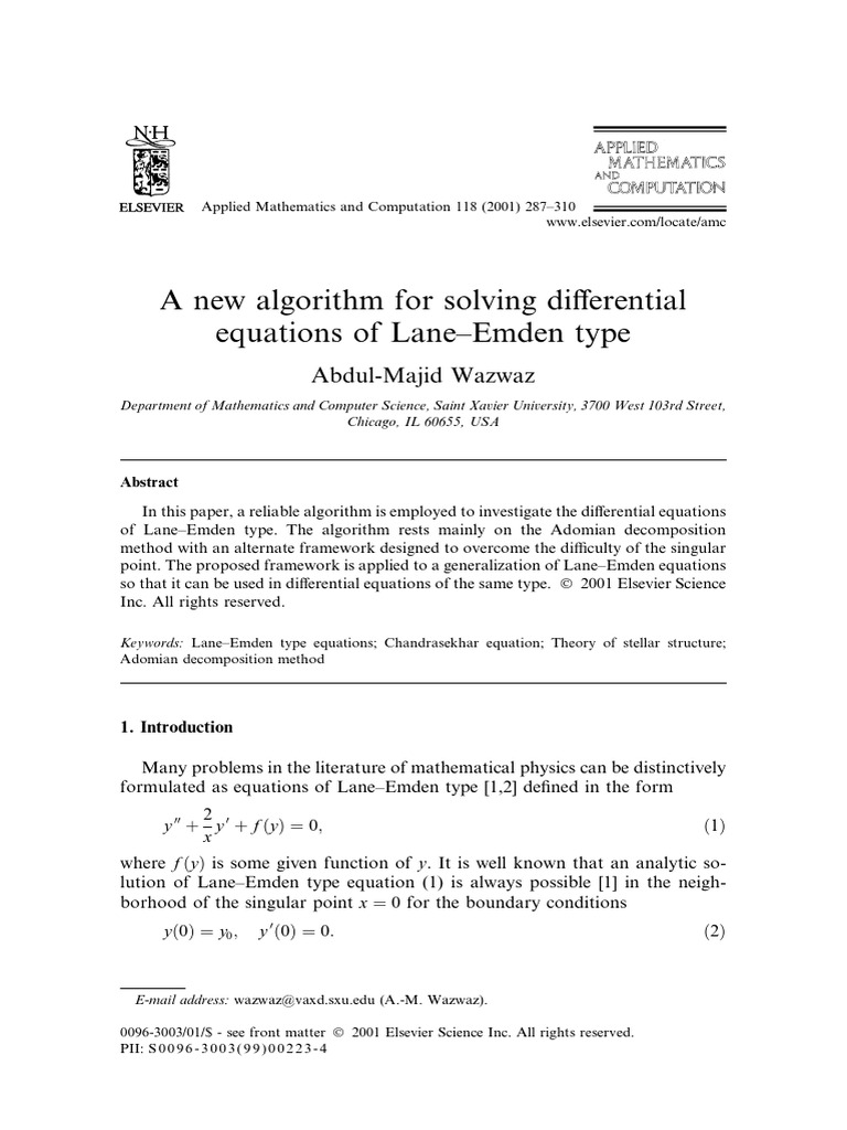 A New Algorithm For Solving Di Erential Equations of Lane Emden Type ...