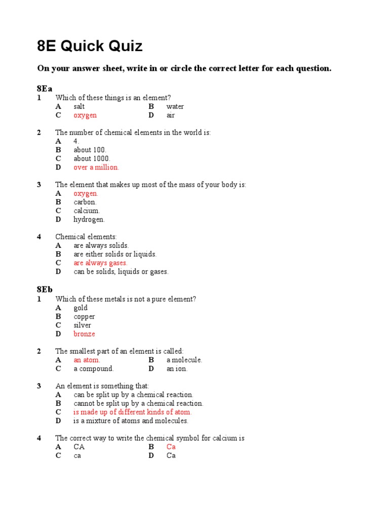8E Quick Quiz Moléculas Elementos químicos