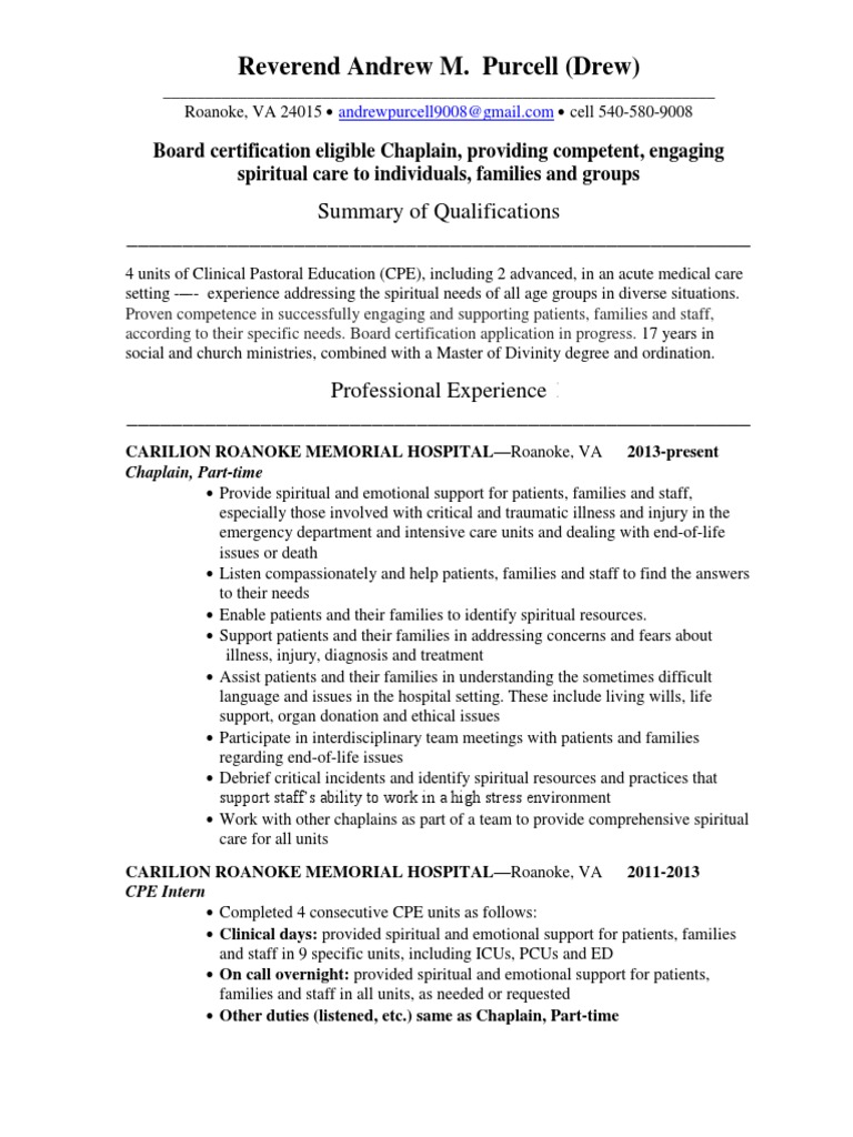 Board Certification Eligible Chaplain in Roanoke VA Resume Andrew Board Certification Eligible Chaplain in Roanoke VA Resume Andrew
