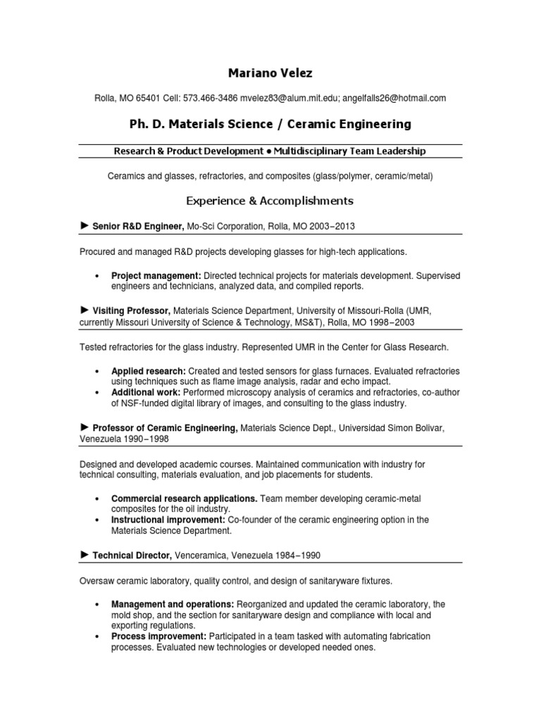 Ceramic Engineer Materials in Houston TX Resume Mariano Velez