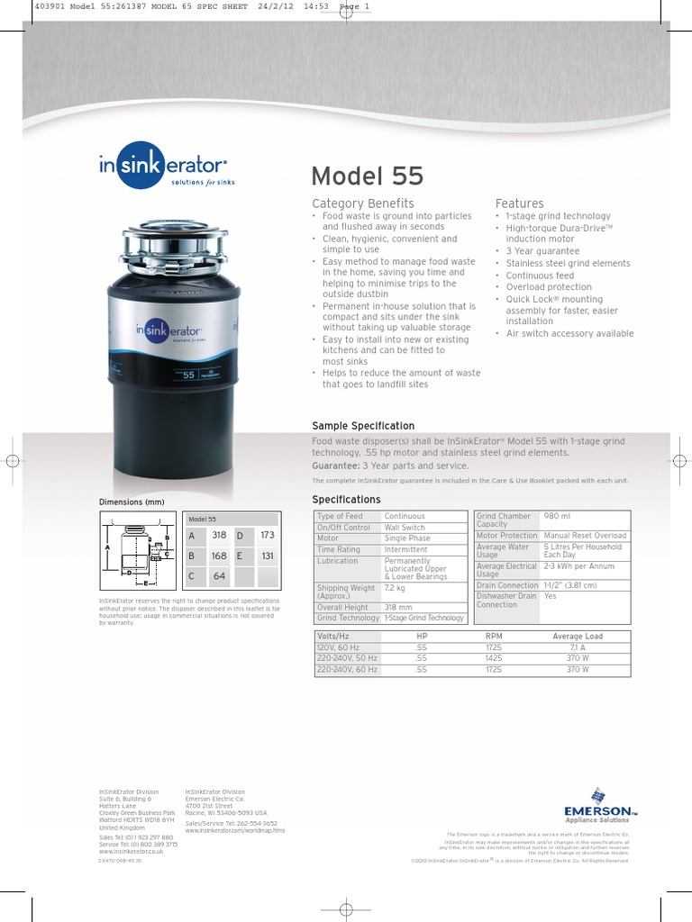 InSinkErator Model 55 Food Waste Disposer PDF Waste Environment