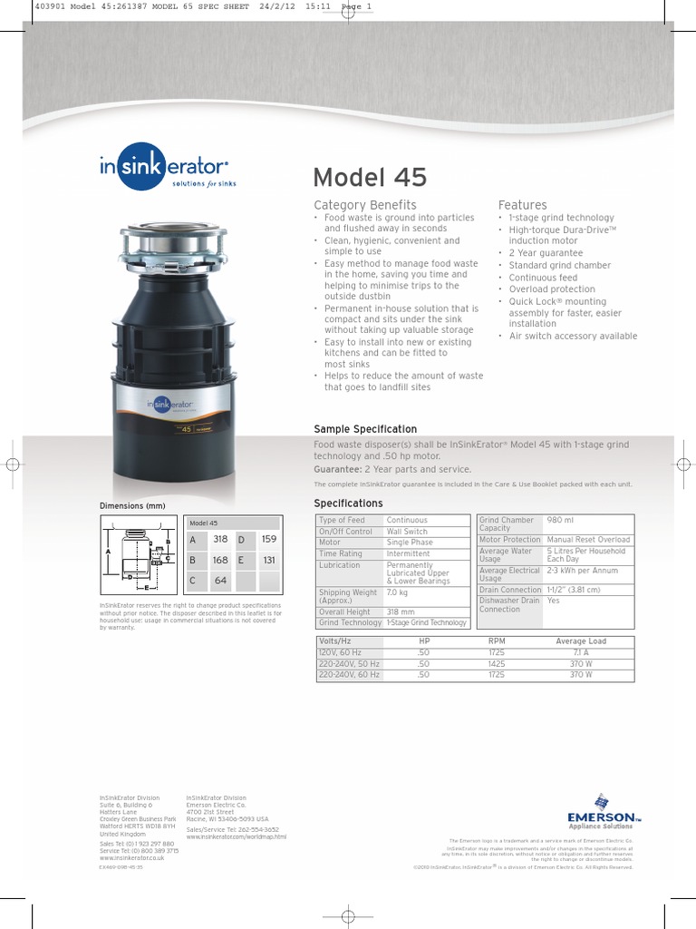InSinkErator Model 45 Food Waste Disposer PDF Waste Foods