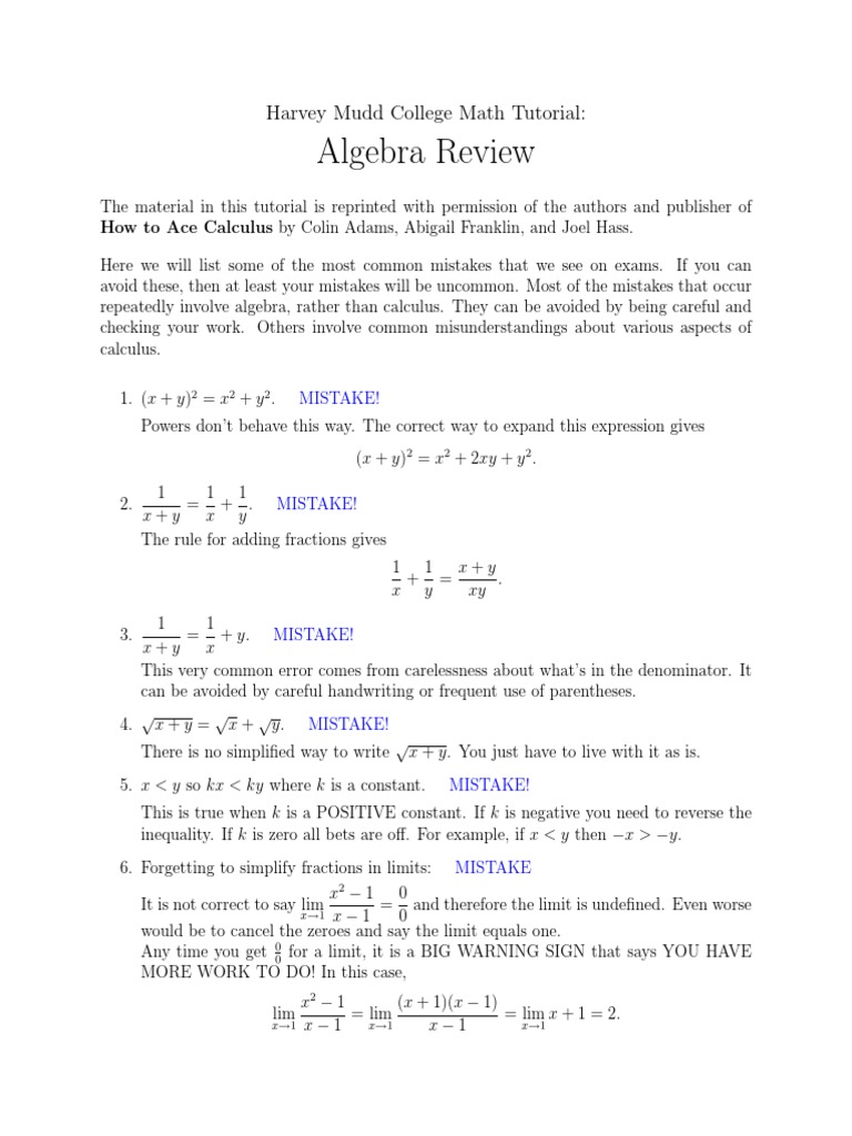 Common Algebra Mistakes in Calculus | PDF | Fraction (Mathematics ...