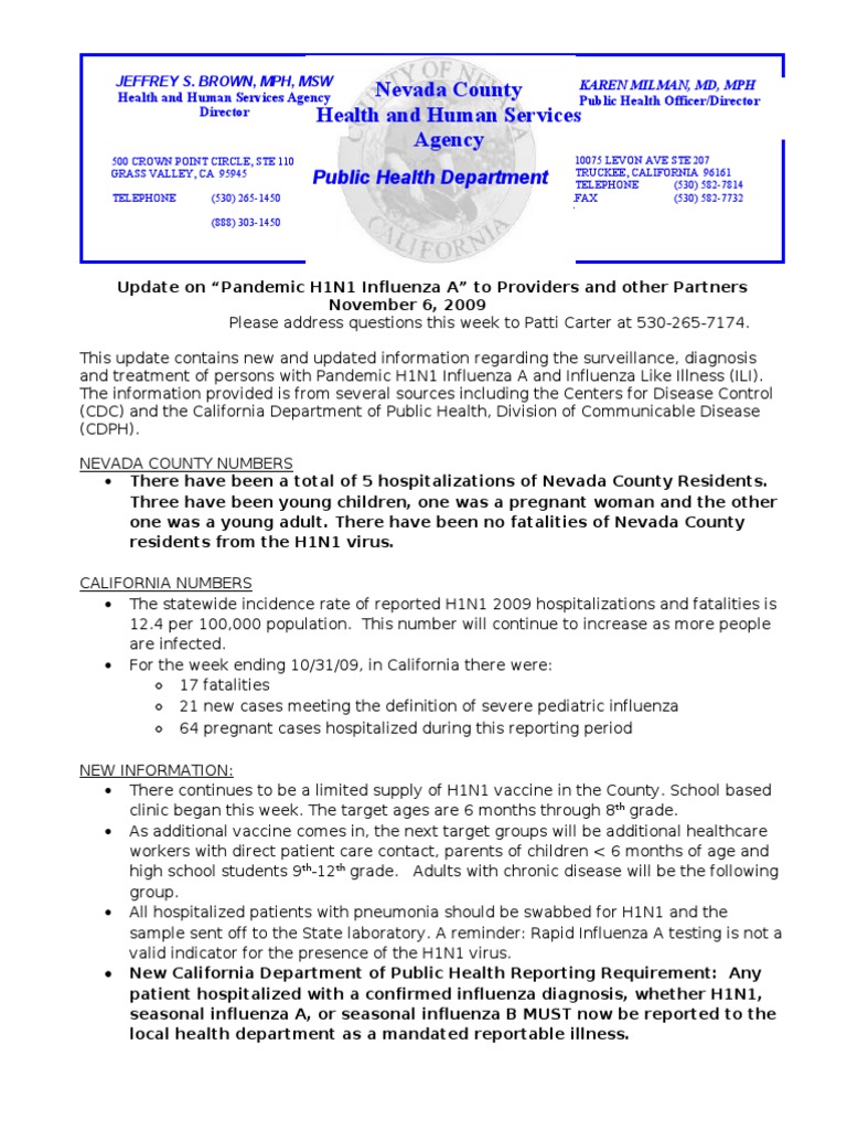 h1n1 Update11!06!09 Final | PDF | Influenza A Virus Subtype H1 N1 ...