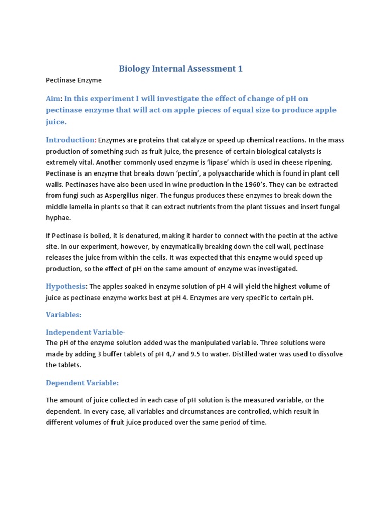 Biology Internal Assessment 1 Pectinase PDF Chemistry Nature