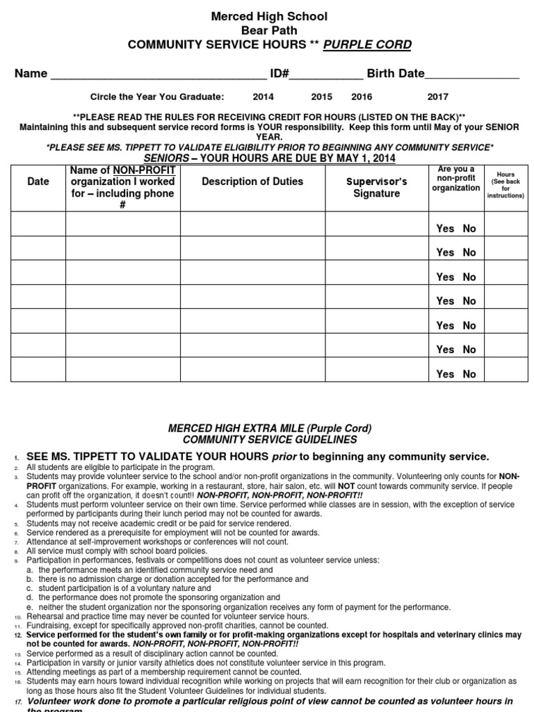 Community Service Hours Form PDF | PDF | Volunteering | Nonprofit ...