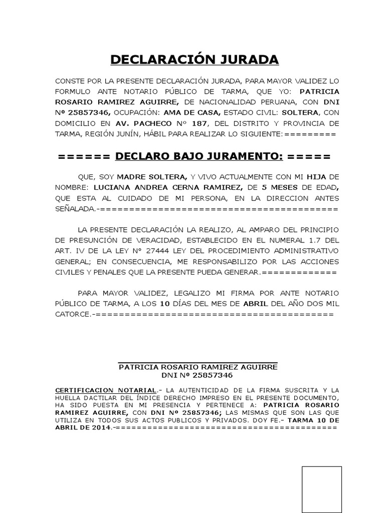 Declaración Jurada De Madre Soltera De Con Una Hija Uy