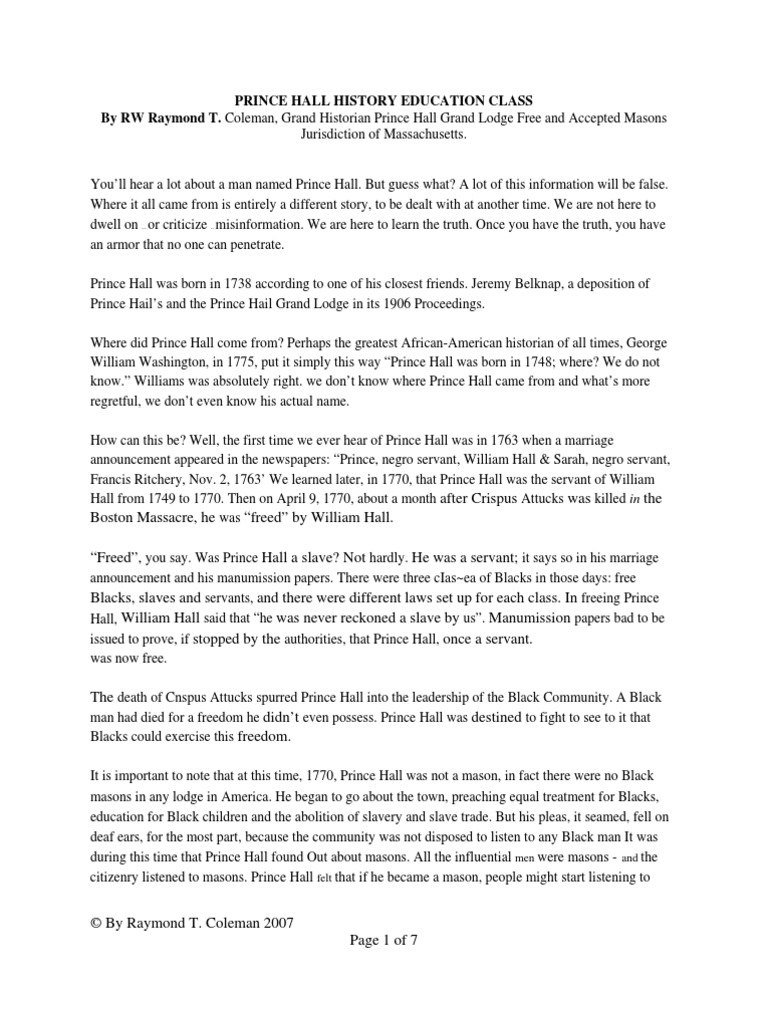 Prince Hall History | PDF | Freemasonry | Masonic Lodge