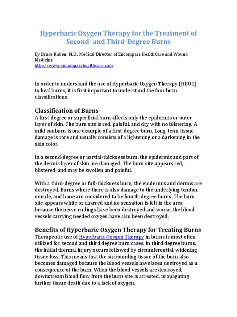 Hyperbaric Oxygen Therapy for the Treatment of Second and Third Degree Burns Burn Wound