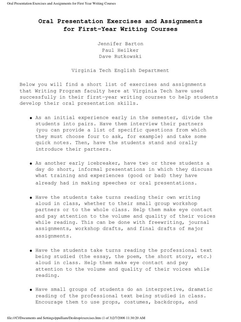 Oral Presentation Exercises and Assignments For First Year Writing ...