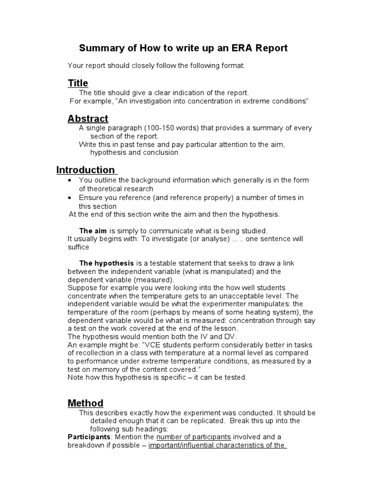 Summary of How To Write Up An ERA Report: The Aim Is Simply To ...