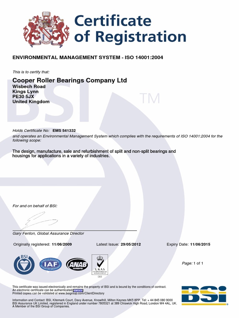 Cooper Roller Bearings Company LTD Environmental Management System