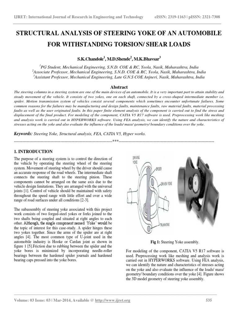 Structural Analysis of Steering Yoke of an Automobile Steering Stress (Mechanics)