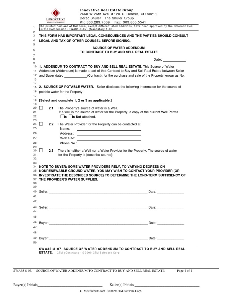 Colorado Real Estate Source of Water Addendum | PDF | Private Law ...