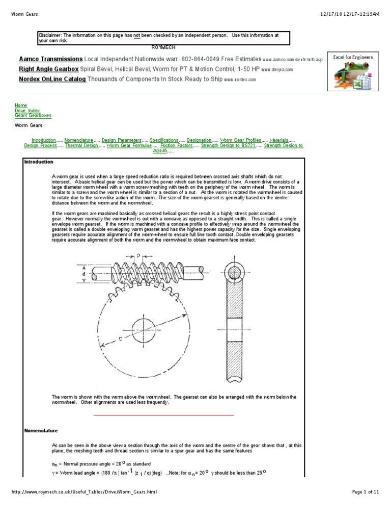 Worm Gears Formulas PDF