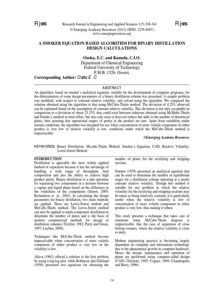A Smoker Equation Based Algorithm For Binary Distillation Design
