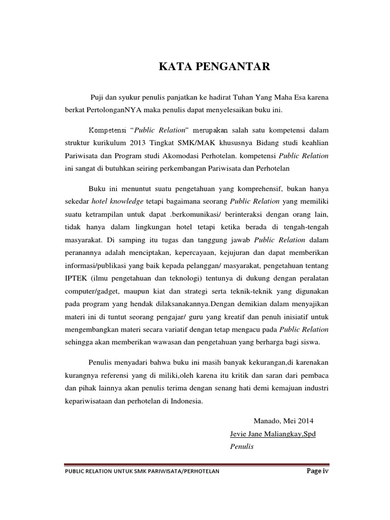 Kata Pengantar Dan Daftar Isi Buku Public Relation Untuk SMK Pariwisata