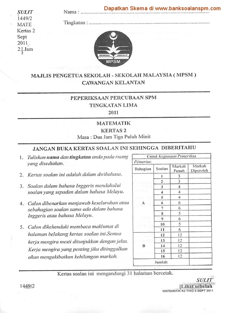 Soalan Matematik Kertas 2 Percubaan Spm Kelantan 2011 Pdf Pdf