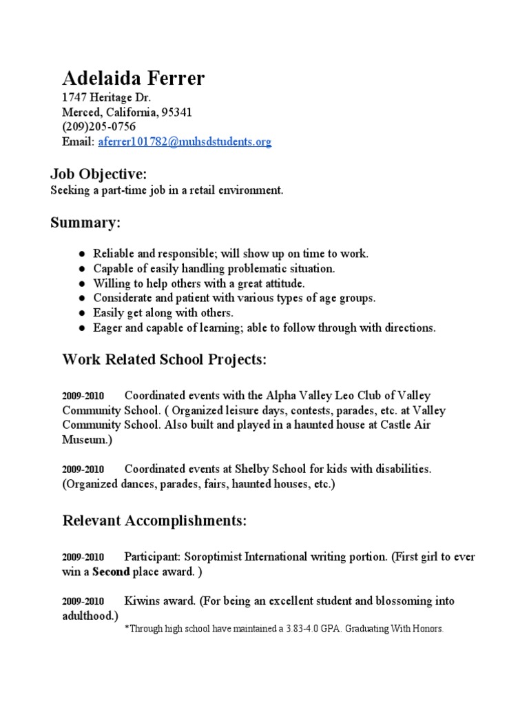 Retail Job Resume for Adelaida Ferrer | PDF