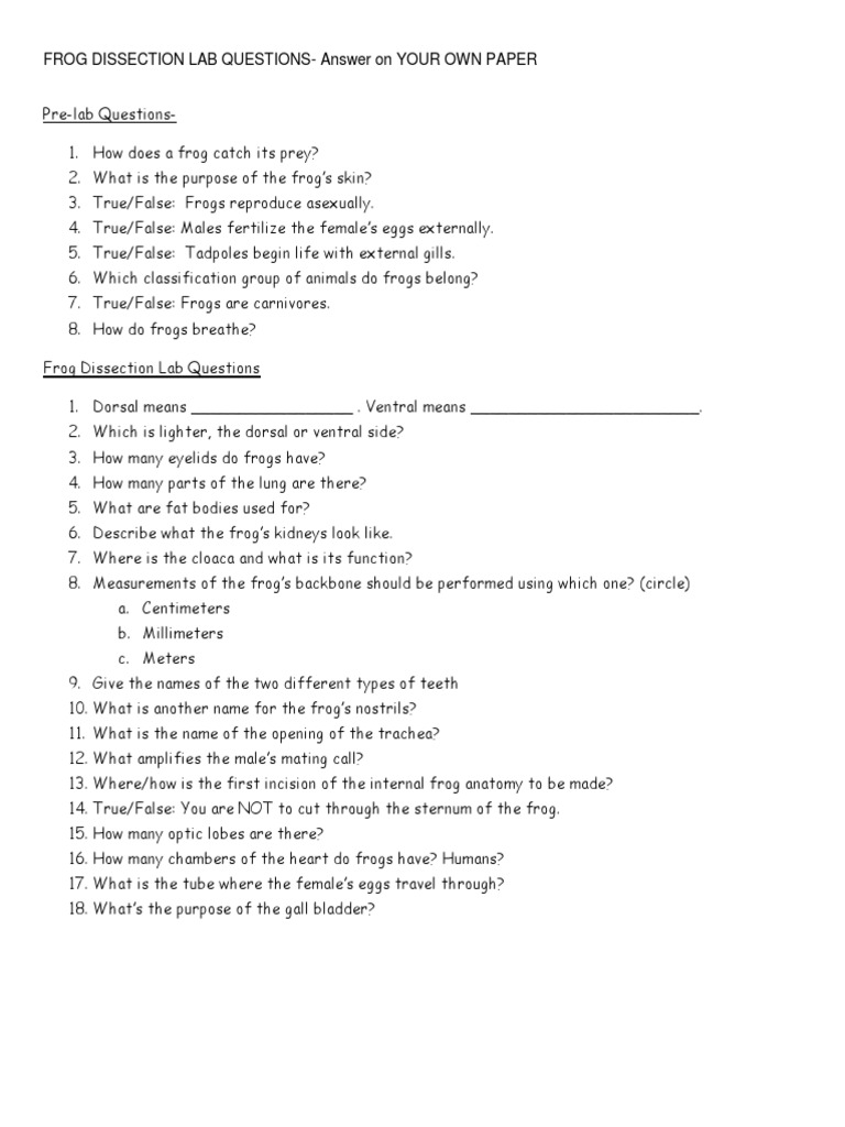 Frog Dissection Lab Questions Guide | PDF | Wellness | Science ...