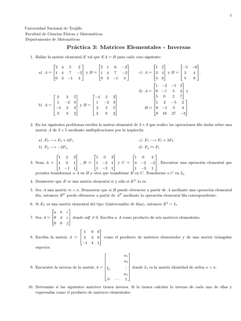 Producto de Matrices Elementales | PDF | Matriz (Matemáticas) | Álgebra