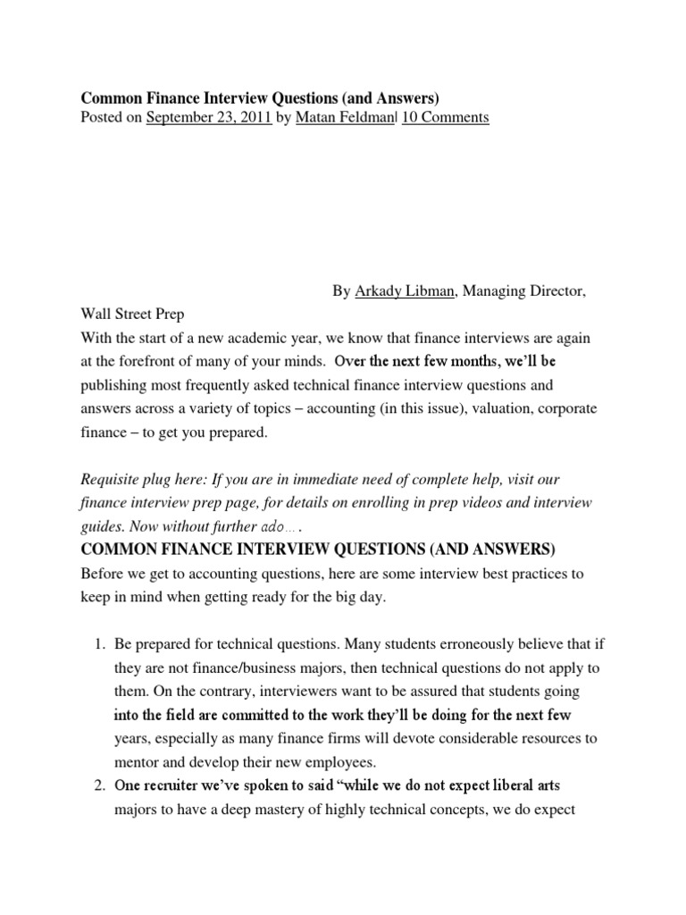 Common Finance Interview Questions | PDF | Goodwill (Accounting) | Book ...