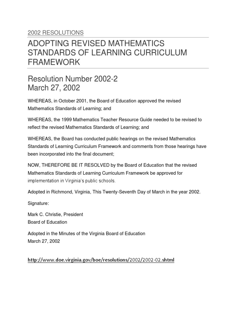 2002 Revised Math Standards Resolution | PDF